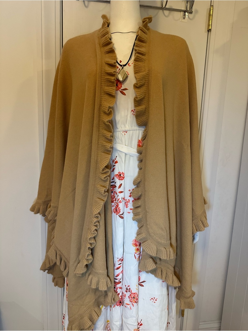Lord & Taylor Camel Ruffle-Trim Cape Sweater